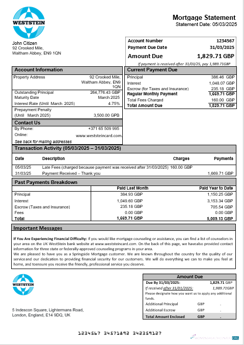Download United Kingdom WestStein Bank mortgage statement in Word and PDF formats Photoshop template